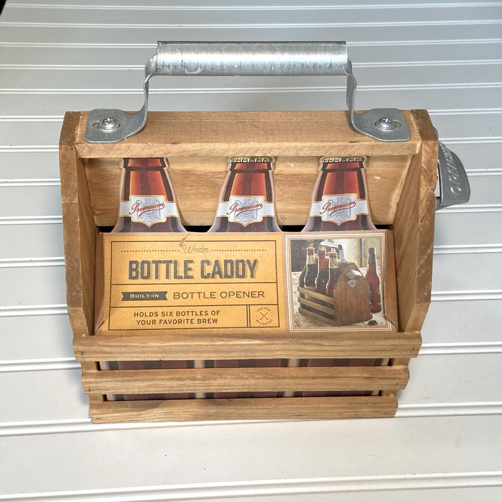 Wooden 6 Pack Bottle Caddy w/ Metal Can Opener and Handle 9.5 W x 11 H x 6 W New - Picture 1 of 3